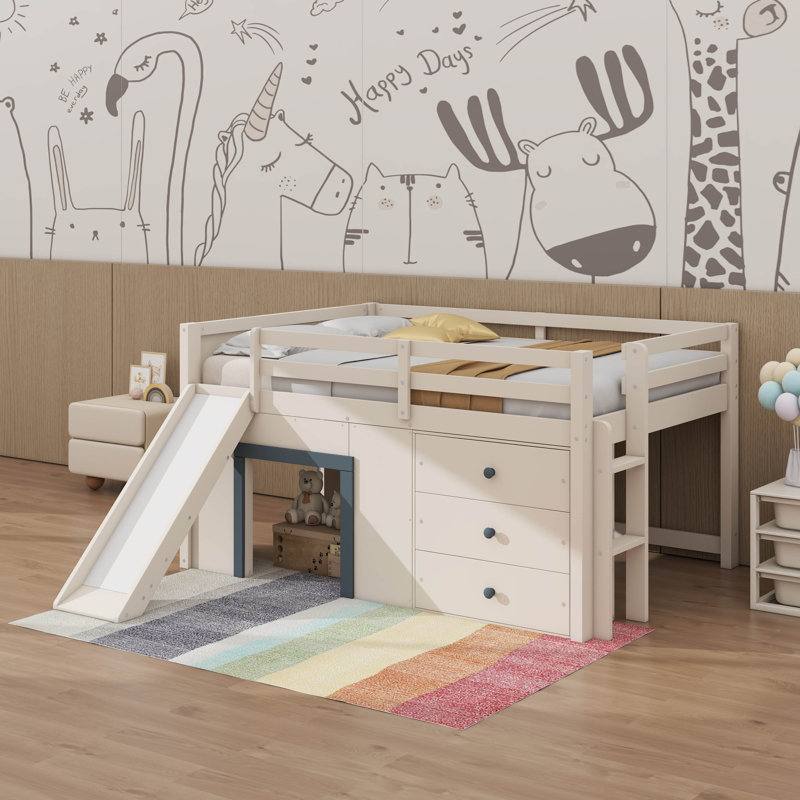 Full Size Low Loft Bed With Slide,Drawers And Doors