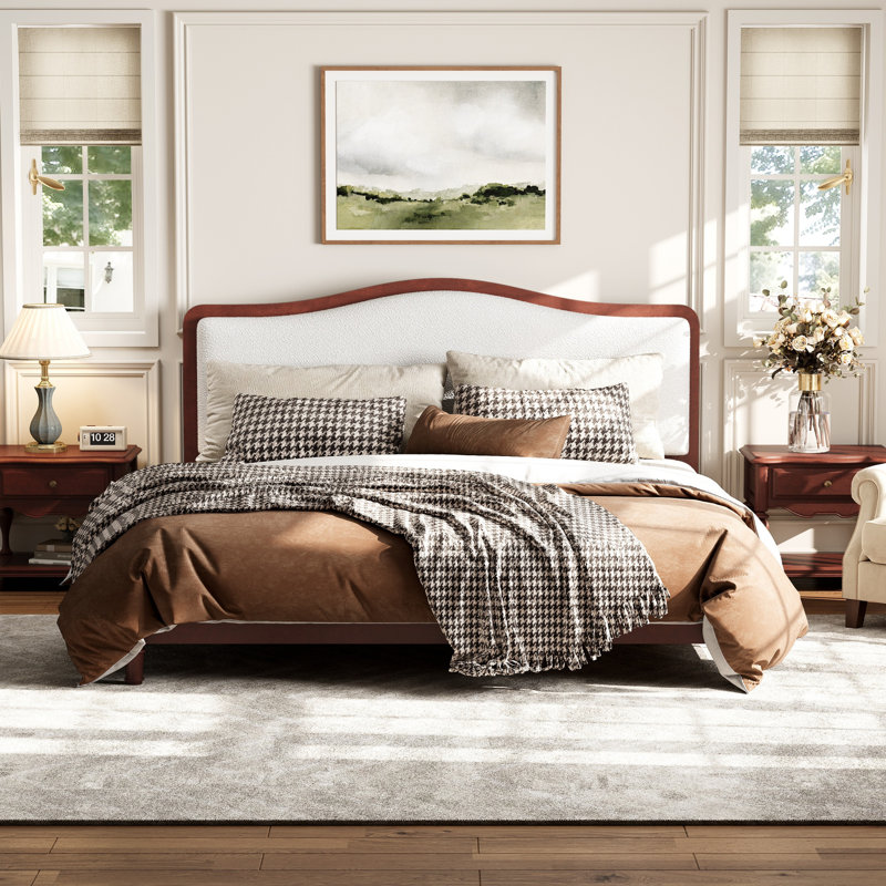 Grand lit plateforme avec tête de lit tapissier, structure espresso et tissu, Grand lit, Espresso