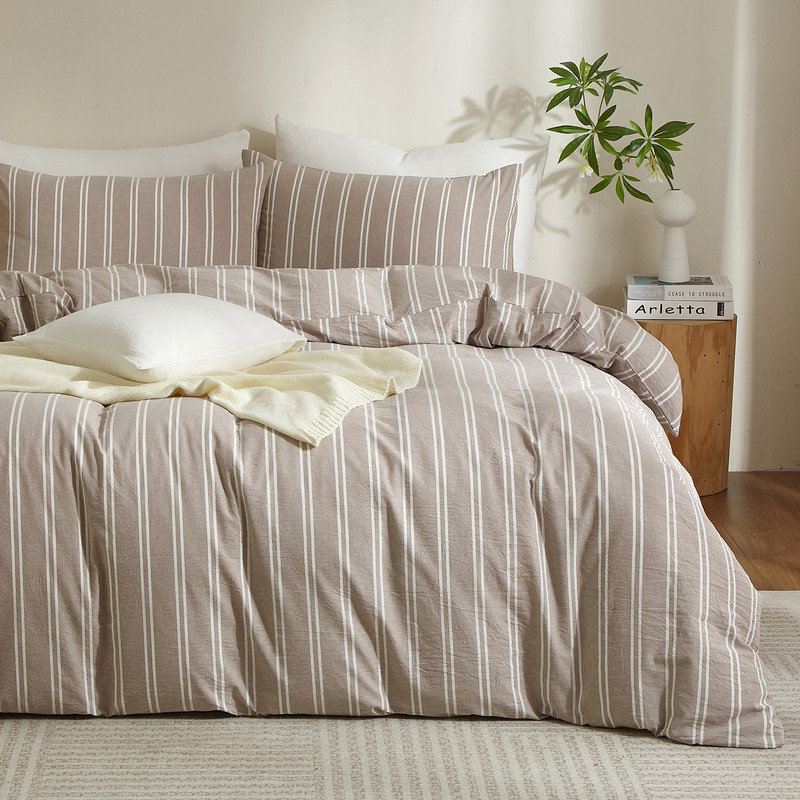 Ensemble de housse de couette à rayures 100% coton délavé 3 pièces, Housse de couette grand + 2 taies d'oreiller