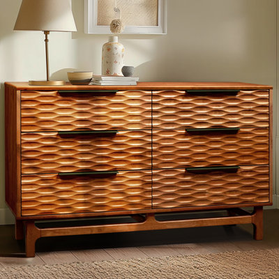 Commode à 6 tiroirs Elara, commode horizontale moderne Mid-Century avec texture ondulée, noyer