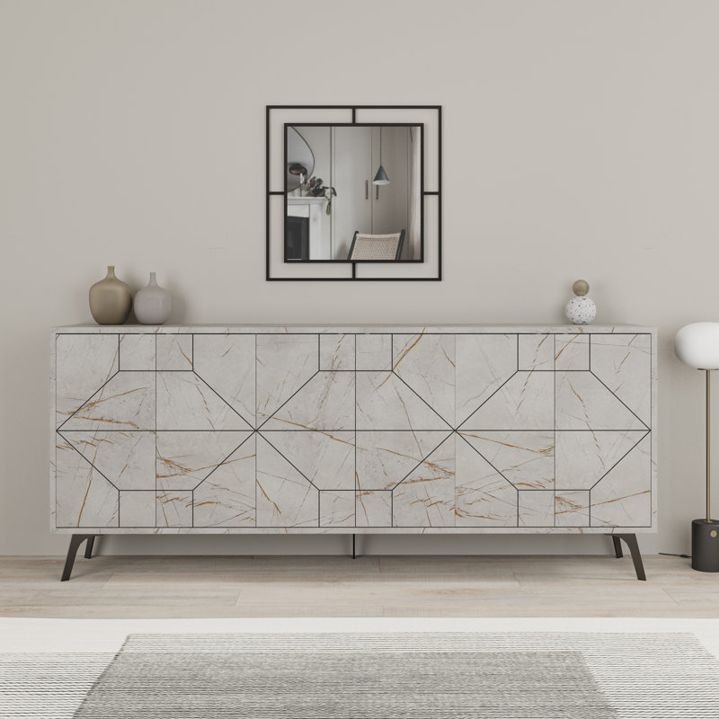 183cm Wide Modern Geometric Sideboard Storage with Push-to-open Doors, White Marble