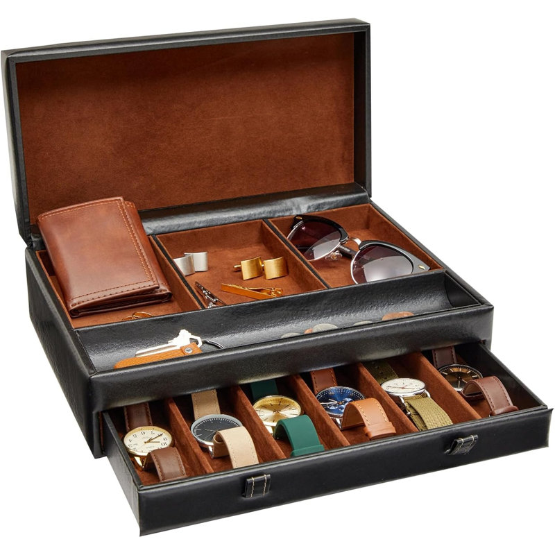 Black Watch Box With Leather Valet Tray