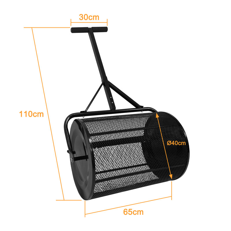 Compost Spreader 81L 25.5 in Lawn Spreader Peat Moss Topsoil Roller with T Shape Handle & Lock Heavy Duty Metal Mesh Push Fertilizer Top Dressing for Grass Lawn Garden