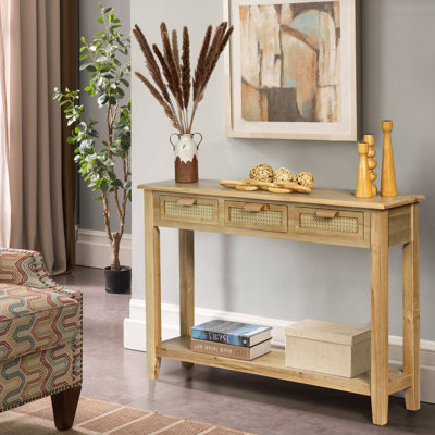 Abrytha 46“ Farmhouse Standard Console Table with 3 Rattan Drawers and Shelf,Entry Table for Entryway