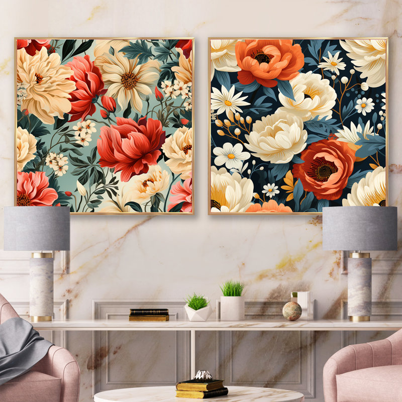 Ensemble de 2 fleurs rétro nostalgie beige et corail, Cadre flottant doré, H 30 po x l 61 po
