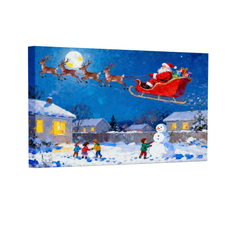 Père Noël de Noël survolant la ville enneigée avec renne, ensemble de 3 impressions sur toile, H 20 po x l 30 po