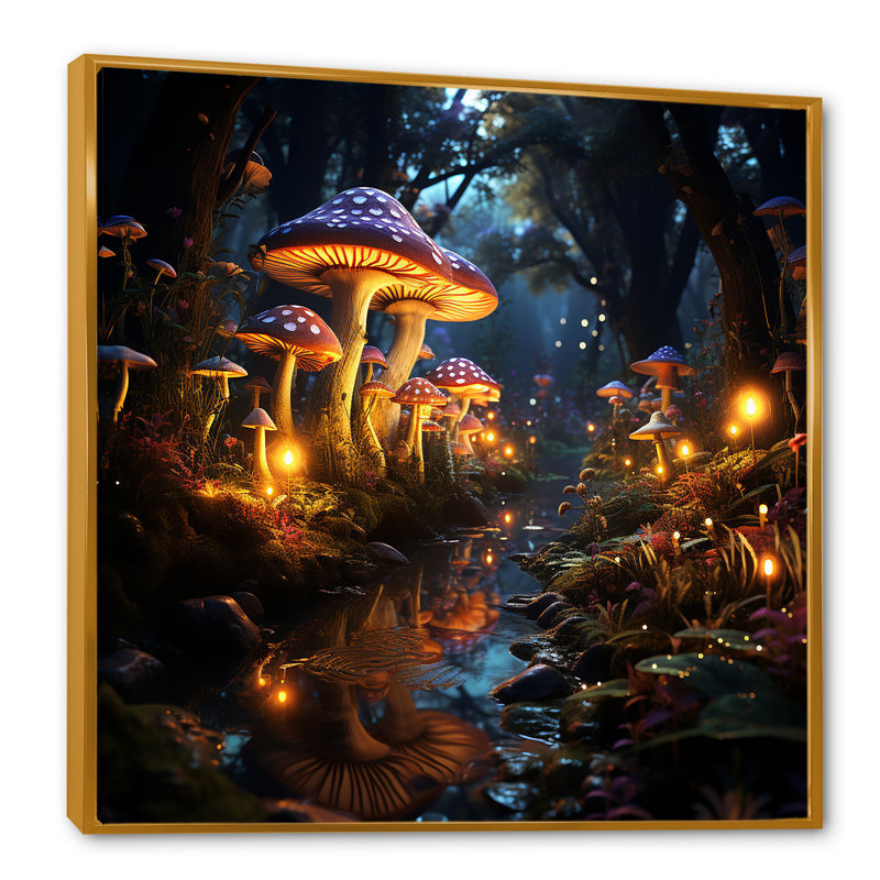 Muscroom Dreamscape Forest I - Art mural fantastique, Cadre flottant doré, H 30 po x l 30 po x P 1,5 po