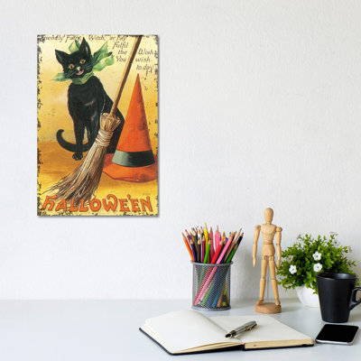 «Halloween Nostalgia Cat with Broom» - reproduction d'art murale - toile tendue