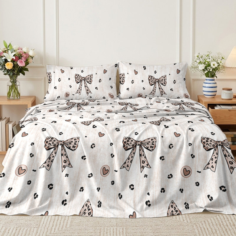Sheet Set, Queen Sheet Set with 2 Pillowcases, Leopard Print Bow