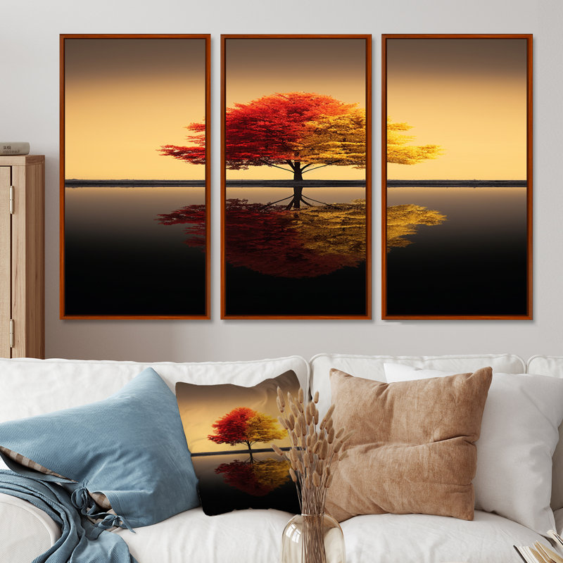Arbre rouge et jaune dans un lac tranquille - ensemble d'art mural chêne, H 40 po x l 60 po x P 1 po, Cadre flottant brun