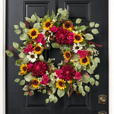Golden Sunflower, Burgundy Dahlia, Daisy & Pokeberry Front Door Spring Wreath