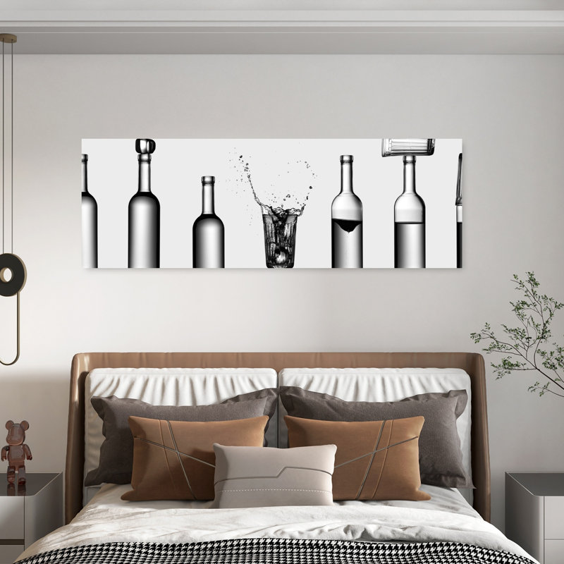 Bouteilles transparentes, liquide, éclaboussure élégante, minimaliste, art mural, H 20 po x l 60 po