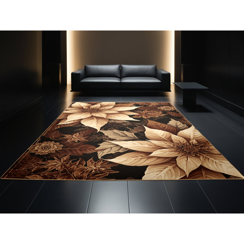 Tapis floral orné de poinsettias lavables à la machine en noir - reliure brun clair, Rond 7 pi