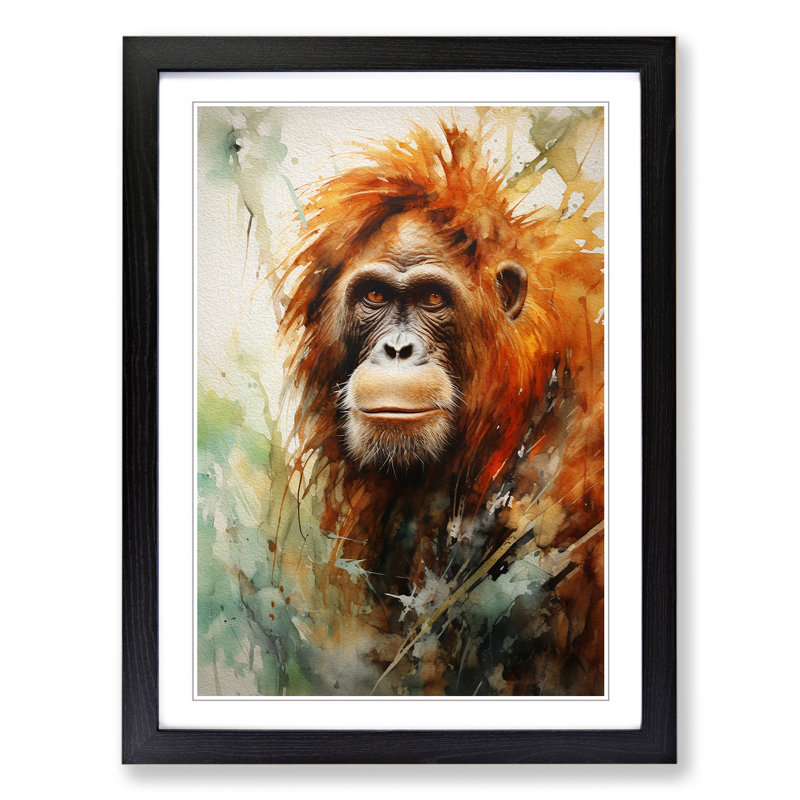 Orangutan Expressionism - Single Picture Frame Print on Wood, 64cm H x 46cm W x 2cm D, Black Framed