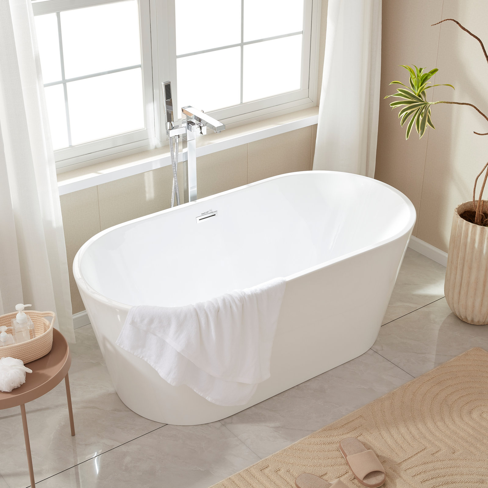Iris 59" Freestanding Soaking Acrylic Bathtub, White/Polished Chrome