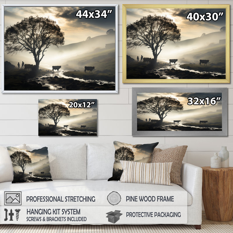 " Cattle Ethereal Grazing II " by Designart, Gold Floater Framed, 34" H x 44" W x 1.5" D