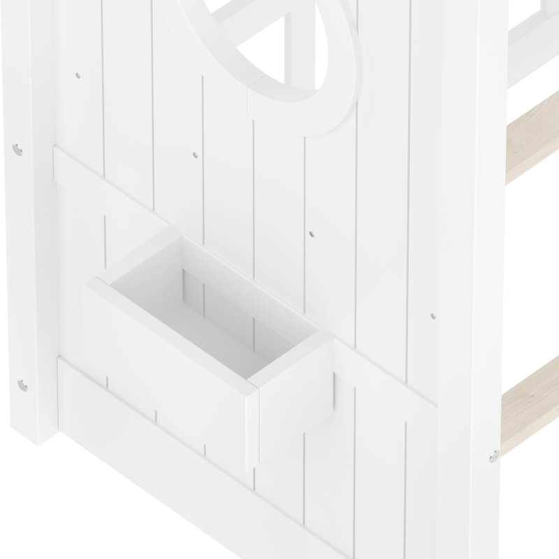 Lit cabane sur pied deux places, lit avec espace de couchage semi-fermé, tablette de rangement, support fiable, blanc, design de style cabane de jeu.