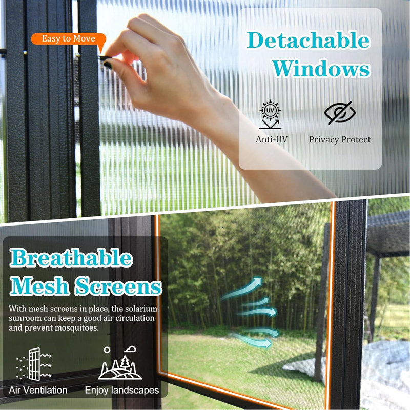 Solarium toutes saisons, solarium mural permanent avec fenêtres en polycarbonate amovibles, solarium en aluminium avec 2 portes coulissantes verrouillables