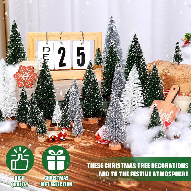 Miniature Green and White Plastic Tabletop Christmas Trees with Wooden Base