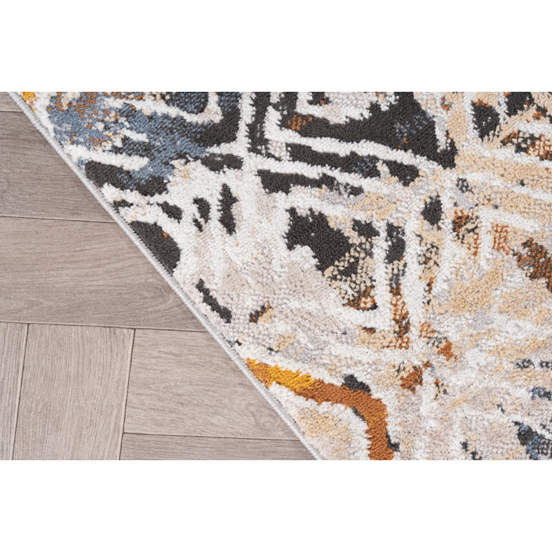 Tapis tissé à la machine à motif géométrique bleu / beige / orange Braiden, Rectangle 4 pi x 6 pi