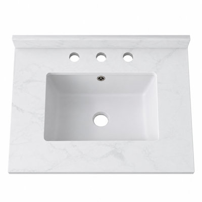 24" x 18" Carrara White Artificial Marble Bathroom Vanity Top with Integrated Sink with Overflow and 3-Hole Faucet Configuration, Top Only
