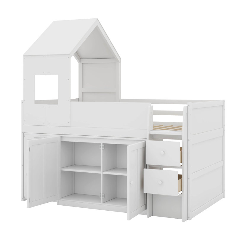 Lit mezzanine simple pour lit simple avec bureau coulissant et armoire de rangement, cadre de lit mezzanine en bois à fonctions multiples avec tablettes et tiroirs de rangement