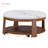 Large round ottoman coffee table | 2-tier button tufted design | wood shelf storage | waterproof linen upholstery | wheeled footrest