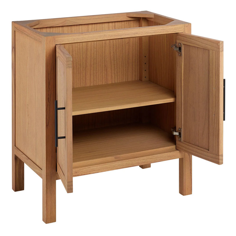 Feathered White and Natural Wood Single Bathroom Vanity with Matte Black Handles