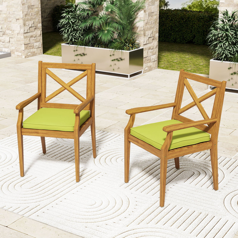 Ensemble de 2 chaises de salle à manger d'extérieur en bois d'acacia avec coussins résistants à l'eau, Vert, Teck
