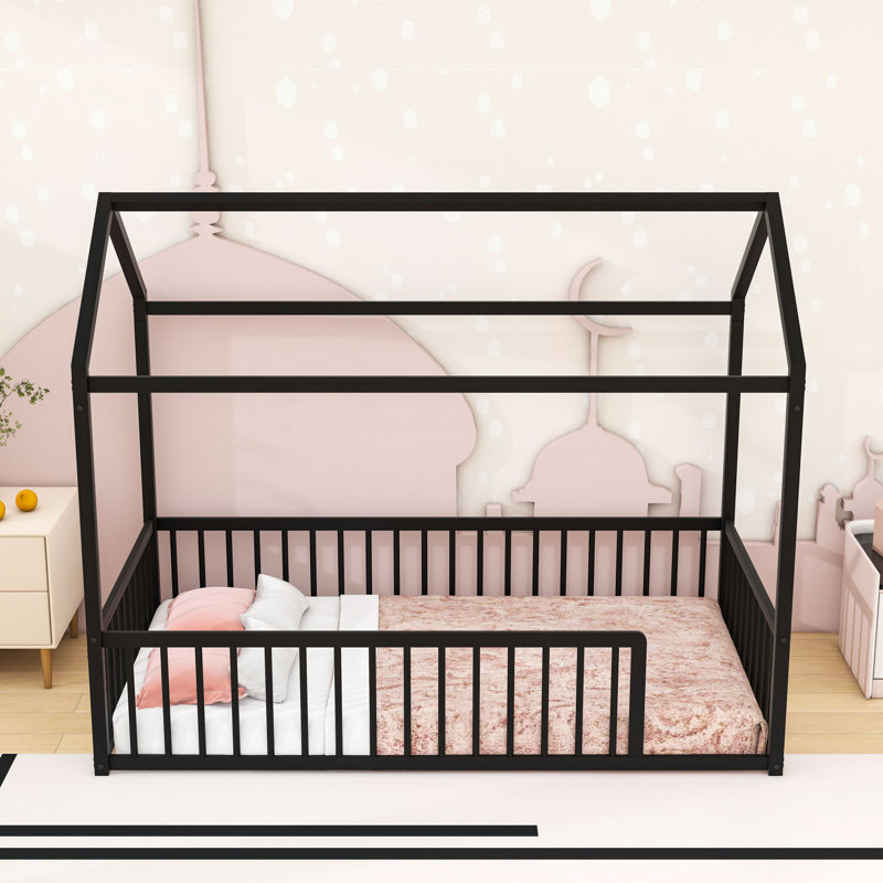 Metal Floor Bed With Safety Fence, Twin, Black