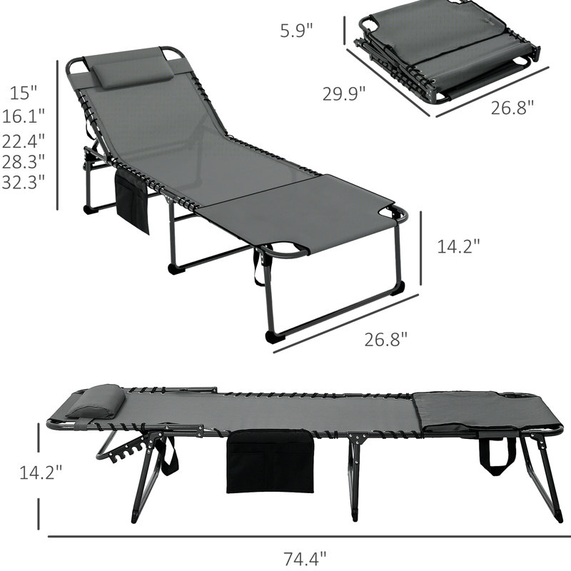 Chaise de patio grise avec 5 dossiers, une poche de rangement et un trou pour le bain de soleil extérieur, 5 angles d'inclinaison, trou de lecture latéral, pliable, gris, patio, plage