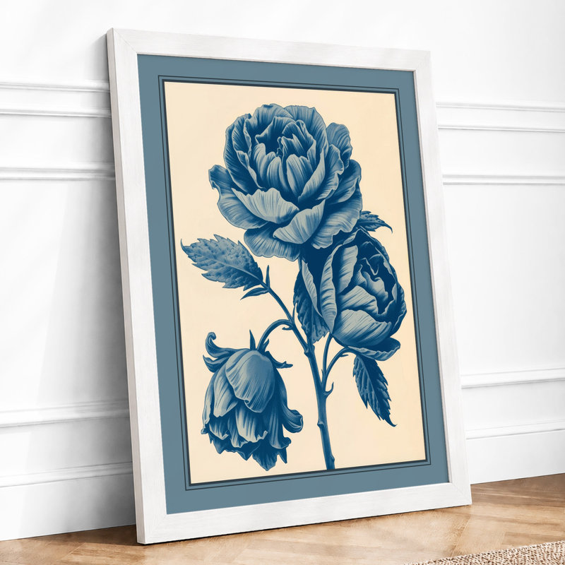 Rose in Blue Botanical - Framed Print, A4 - 29.7 x 21.0 cm, White