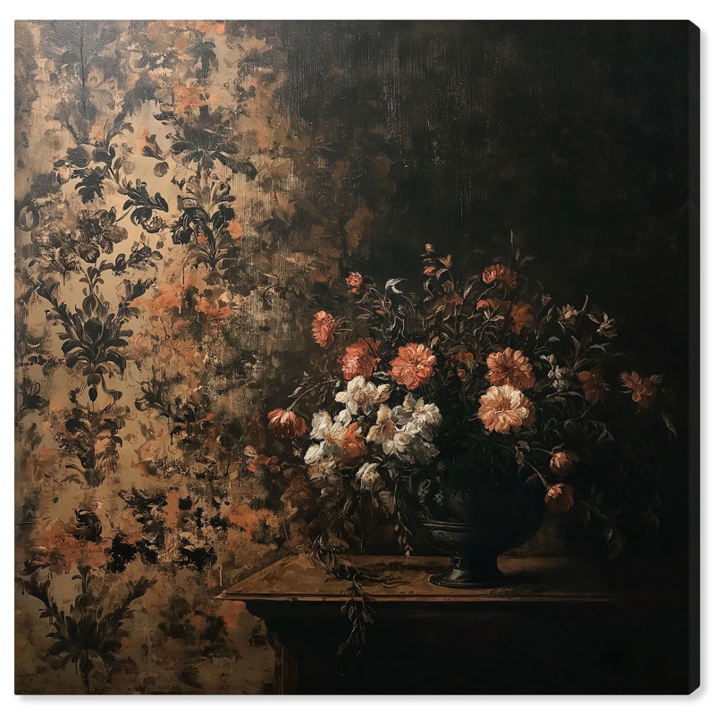 «Dark Floral Elegance», art floral rétro par Art Remedy, H 20 po x l 20 po, Toile tendue