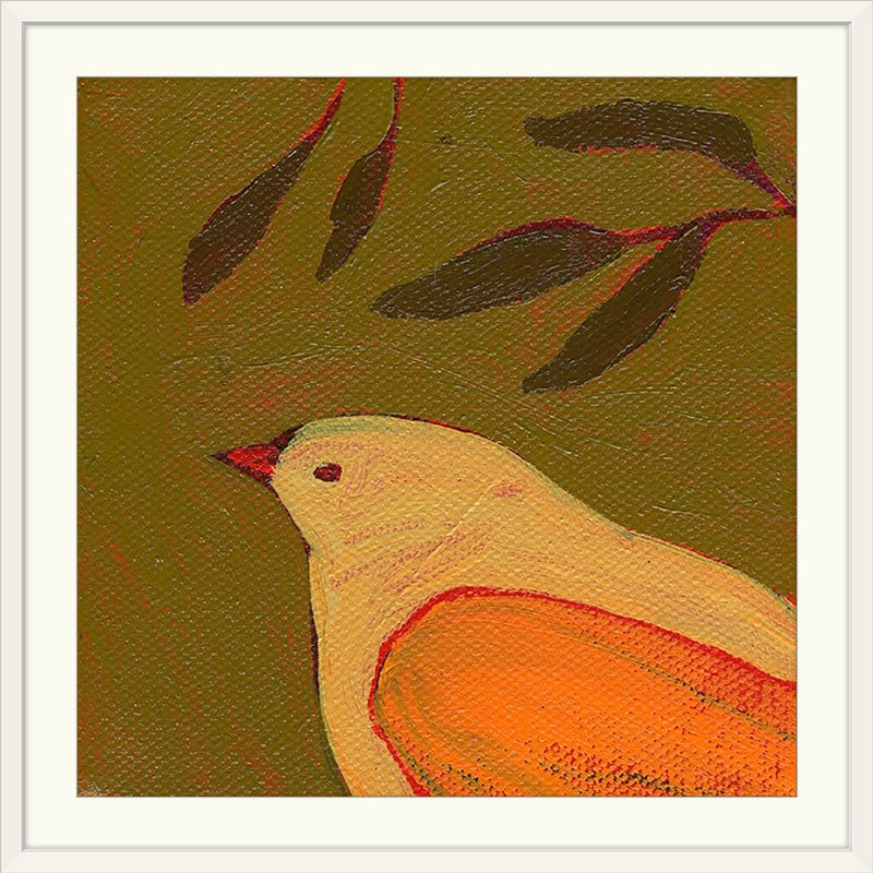Nolani Tangerine Bird in Thought '- reproduction d'art, H 24 po x l 24 po x P 1 po, Cadre blanc