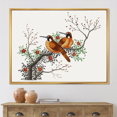 Deux oiseaux chinois sur une branche d'arbre en fleurs - peinture sur toile