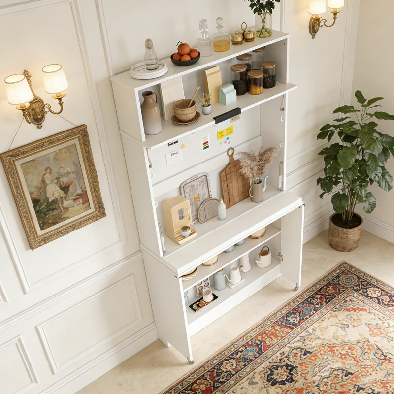 69''H Buffet with Hutch and Foldable Workstation, Multifunctional Storage Cabinet Cupboard with Adjustable Shelf and Power Outlet