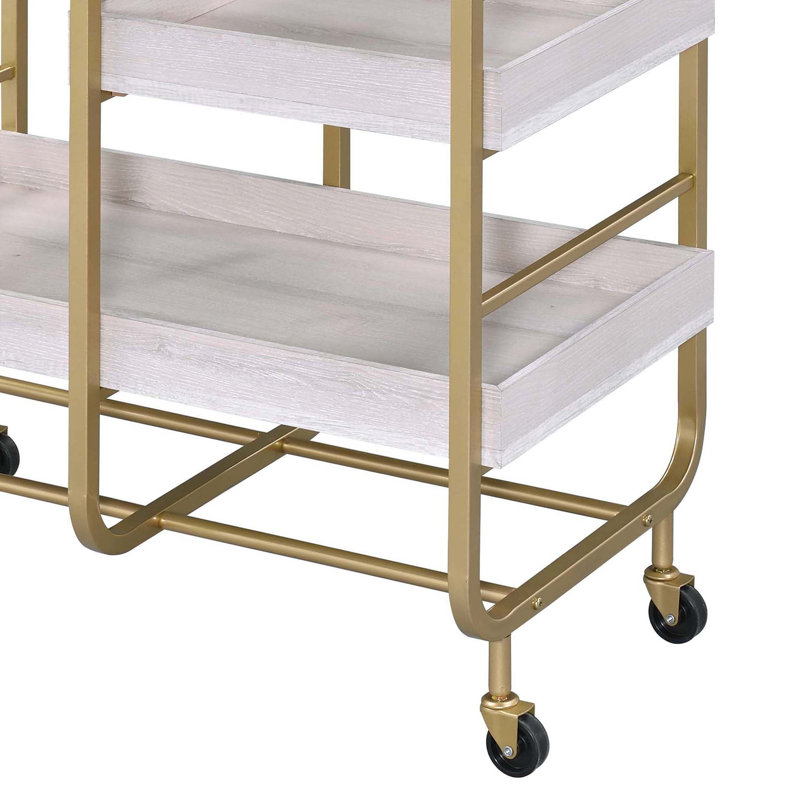 Chariot de service doré et blanc délavé avec 3 plateaux réglables