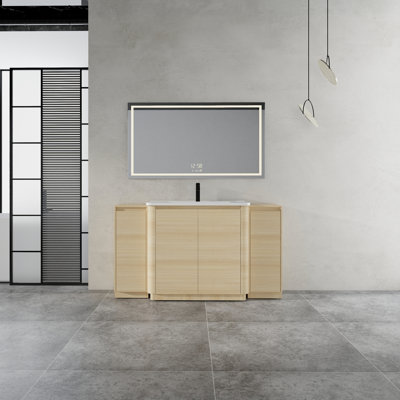 Meuble-lavabo autoportant de 60 po avec lavabo en céramique blanche, 2 petites armoires de rangement, porte à fermeture douce, chêne blanc américain, contreplaqué (emballage KD)