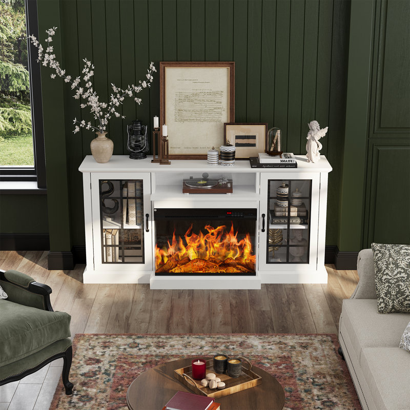 Eijah 58.2'' W Storage Credenza with Electric Fireplace Included, White