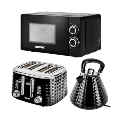 Geepas Electric Kettle 4 Slice Bread Toaster & Microwave Kitchen Set | 3000W 1.5L Traditional Pyramid Kettle | 1750W Toaster with 7 Level Browning Control | 700W Solo Manual Dial Microwave 20L