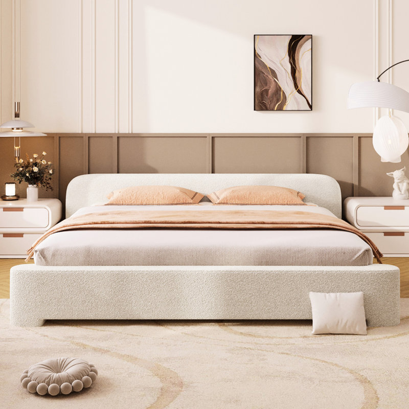 Lit très grand rembourré White Boucle, conception simple avec confort, structure en bois, facile à entretenir avec 10 lattes douillettes, expérience de sommeil confortable