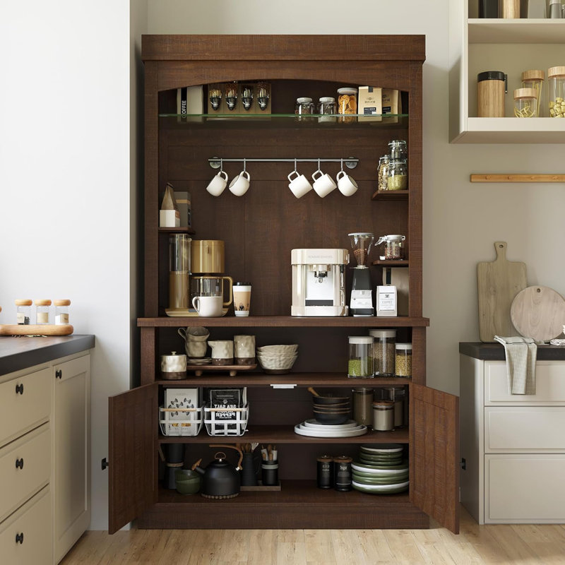 72" Tall Farmhouse Coffee Bar Cabinet with LED Lights, Kitchen Pantry Storage Sideboard with Microwave Stand, Adjustable Shelves and Glass Doors