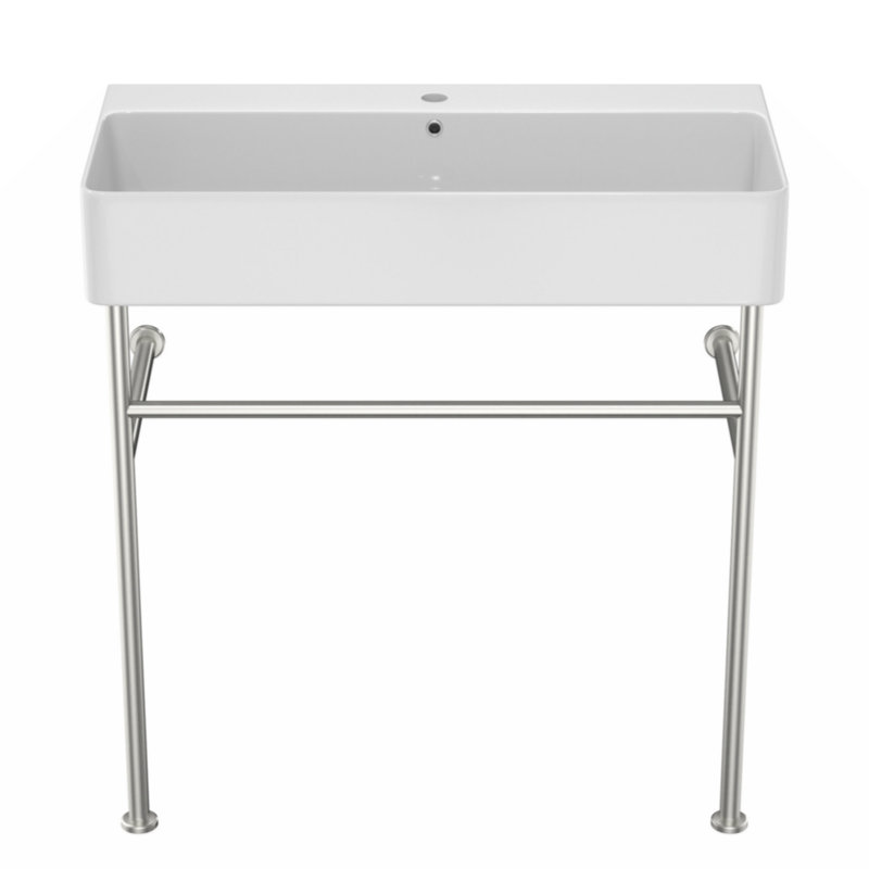 Glossy White Ceramic Rectangular Console Sink with Steel Legs