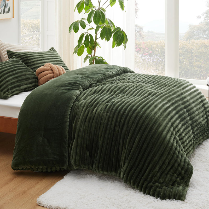 Bedsure Full Size Comforter Sets - 3-Piece Double-Sided Fleece Fluffy Olive Green Bedding, Cozy Striped Aesthetic for Modern & Guest Bedrooms, All-Season Luxury Home Decor