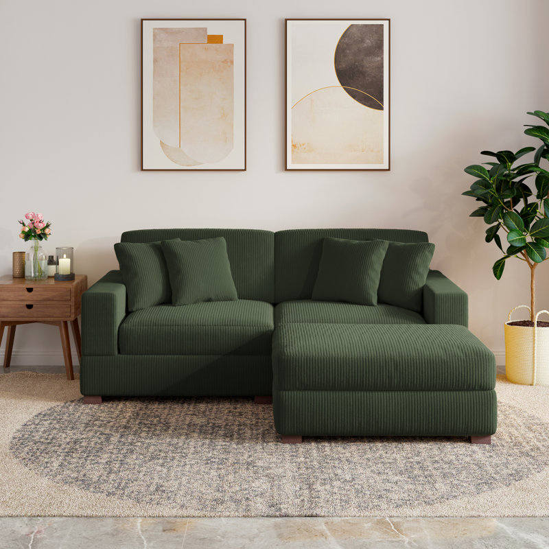 3 - Piece Upholstered Green Corduroy Modular Sectional Sofa with Pillow Back and Removable Ottoman, Green Corduroy