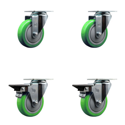4 Inch Green Poly Wheel Swivel Top Plate Caster Set with 2 Posi Brakes SCC