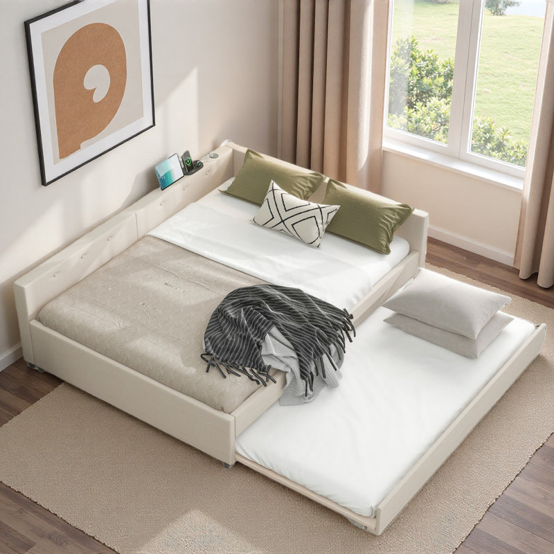 Lit plateforme tapissier moderne avec USB et lit gigogne, Grand lit