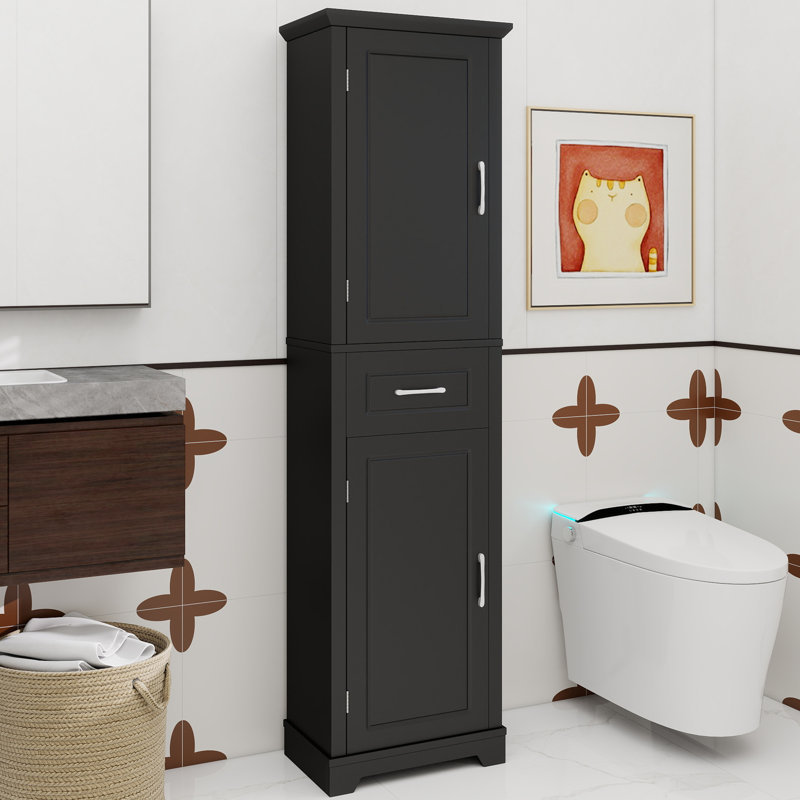Grande armoire de rangement pour salle de bain, armoire de rangement autoportante avec deux portes et tablettes réglables, conception à étagère de porte, panneau de fibres à densité moyenne avec finition peinte, noir