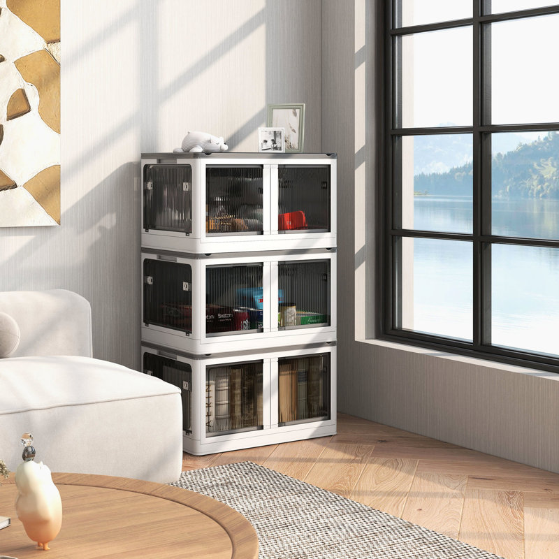 Armoire décorative, bacs de rangement empilables 32 gallons avec couvercles, 3 ensembles de rangement pliables