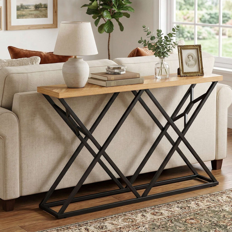55" Industrial Console Table, Sturdy Solid Rust-Proof Metal Frame & Spacious Multi-Zone Storage Spaces, Scratch-Resistant Waterproof Finish, Fits Entryway, Living Room